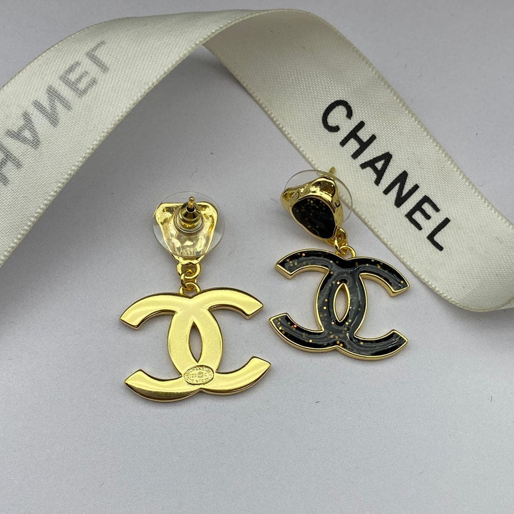 18K  Chanel Classic Black Dangle Earrings