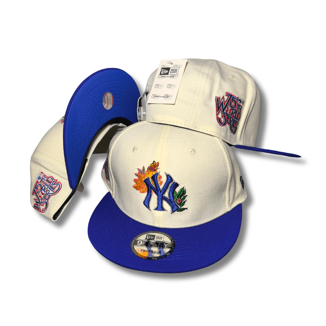 New York Yankees Cream and Blue with Floral Logo and 75th World Series Patch Snapback Cap
