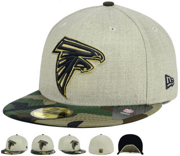 Atlanta Falcons Fitted Hat with Gold Logo and Camouflage Brim - Khaki and Camo