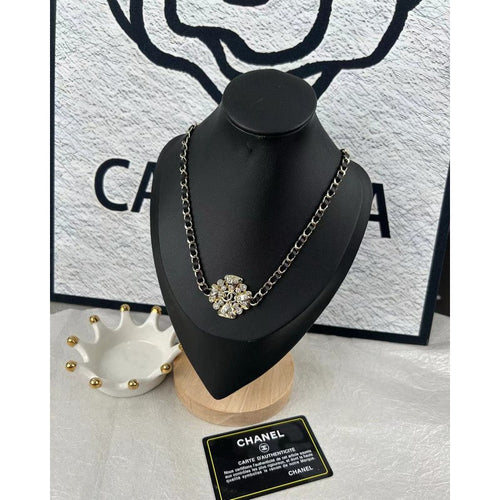 18K  Chanel Black Leather Flower Necklace